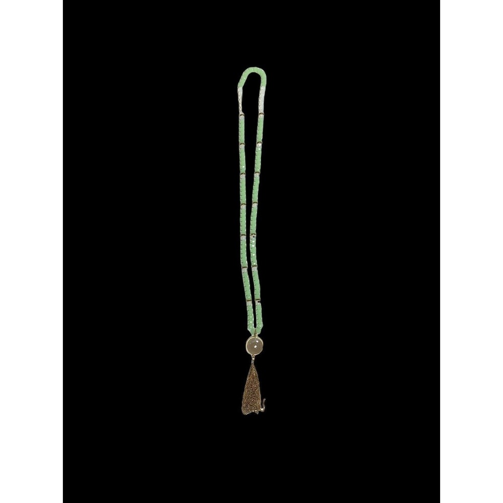 Vintage Semiprecious Stone Beaded Necklace Pendant Tassel Green Faceted 15”